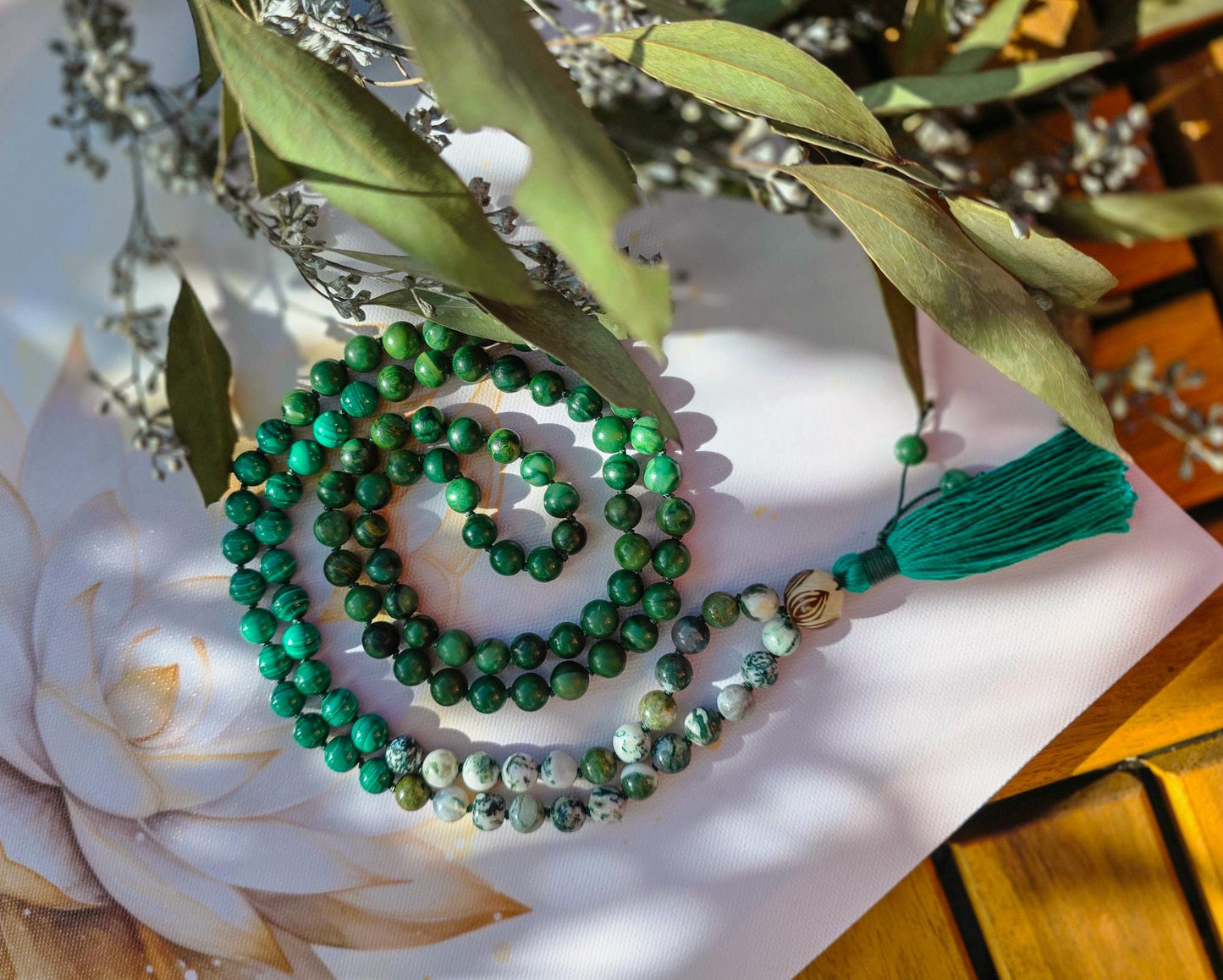 Jade, Malachite & Moss Agate Mala Beads 108 Reiki-Infused Meditation Necklace | Hand-Knotted Healing Gemstone Japa Mala