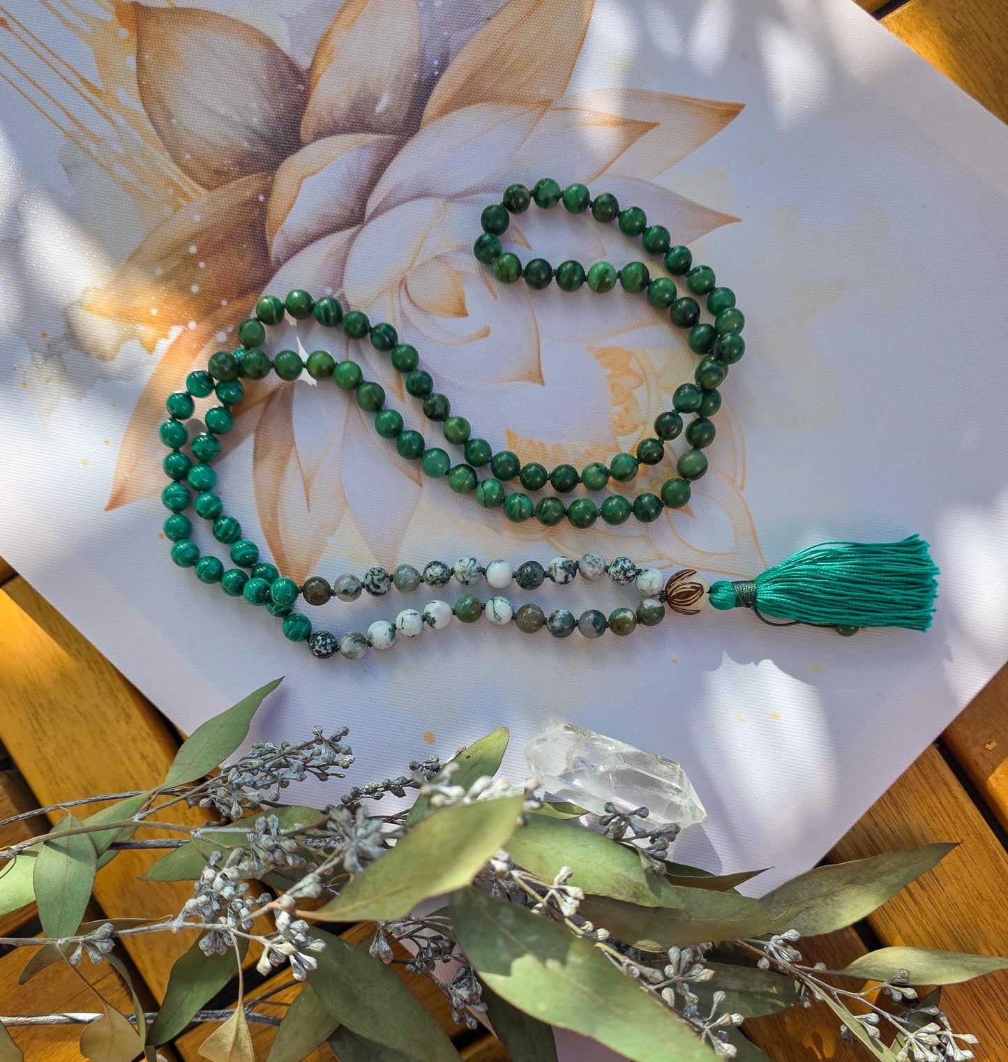 Jade, Malachite & Moss Agate Mala Beads 108 Reiki-Infused Meditation Necklace | Hand-Knotted Healing Gemstone Japa Mala