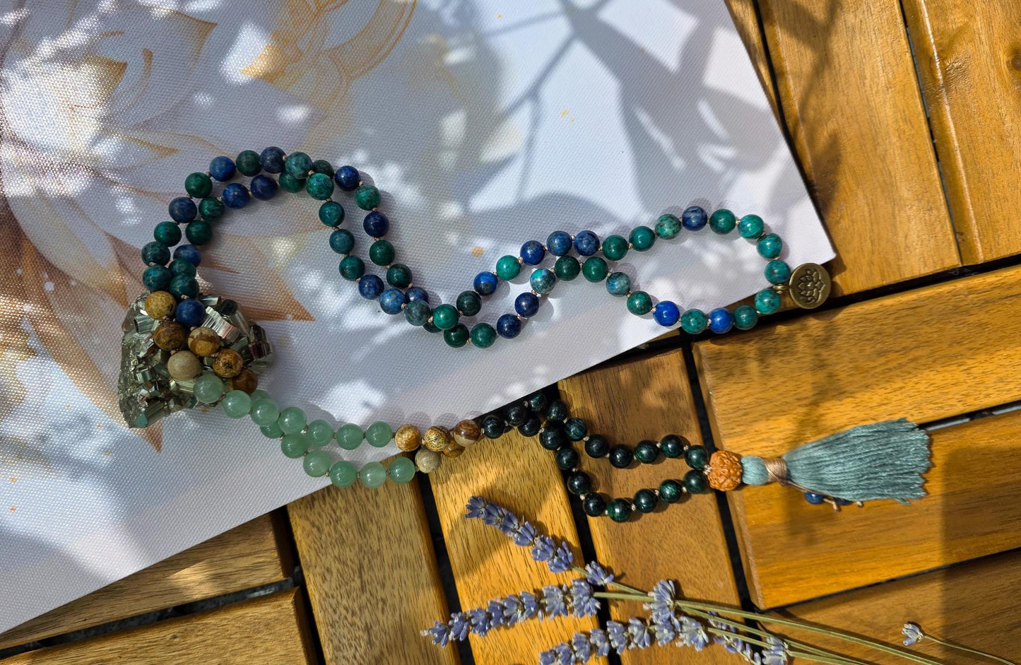 Emerald, Green Aventurine, Picture Jasper & Azurite Mala 108 Reiki-Infused Beads with Rudraksha Guru and Bamboo Tassel