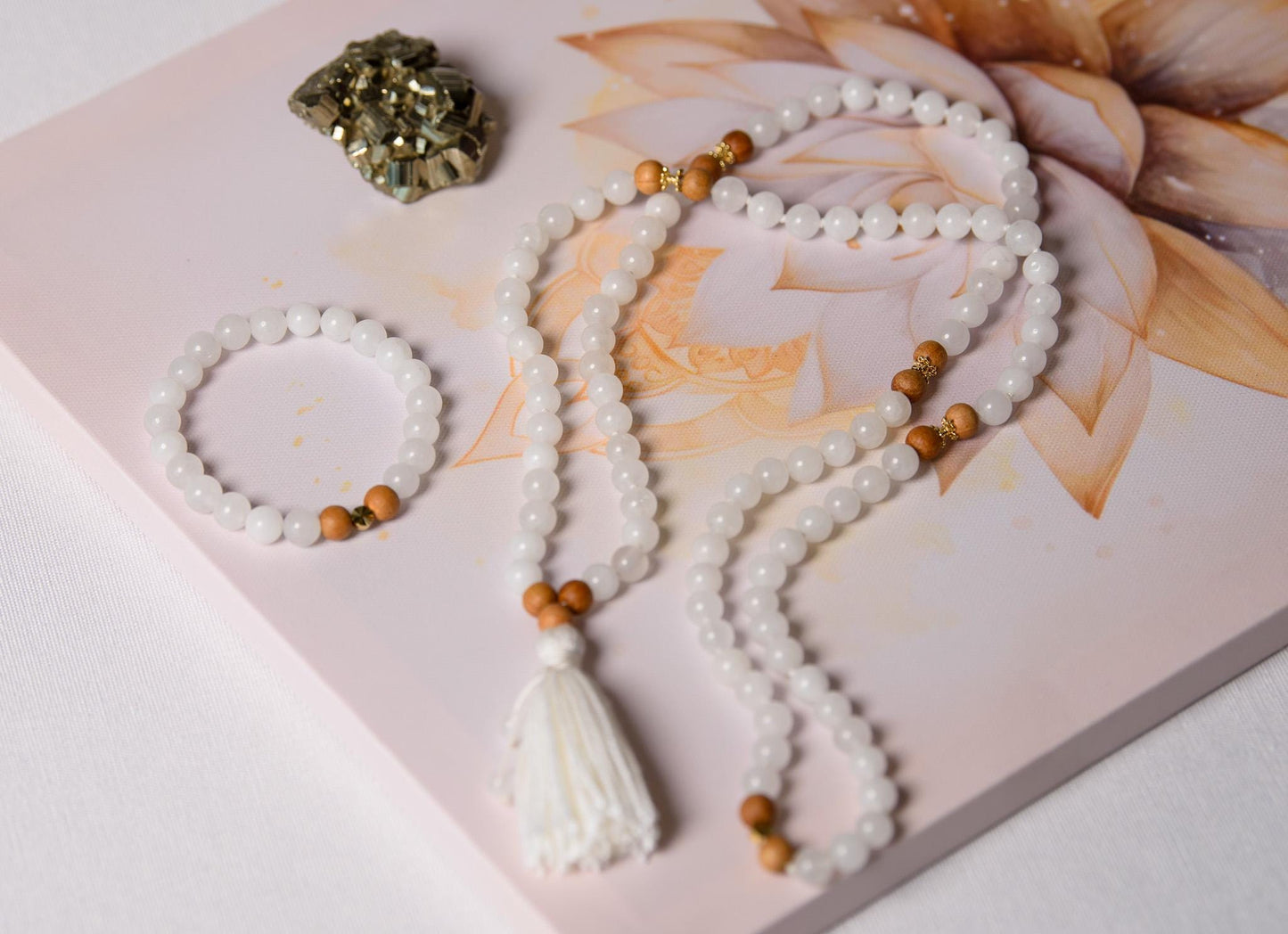 White Jade & Tulsi Wood Mala Beads, 108 Beads Meditation Necklace, Reiki Infused Japa Mala for Prayer