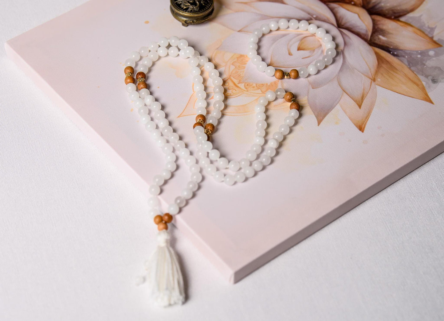 White Jade & Tulsi Wood Mala Beads, 108 Beads Meditation Necklace, Reiki Infused Japa Mala for Prayer