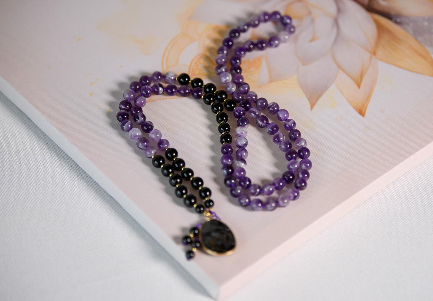 Amethyst & Tourmaline Mala Beads 108 Reiki-Infused Meditation Necklace with Tourmaline Pendant