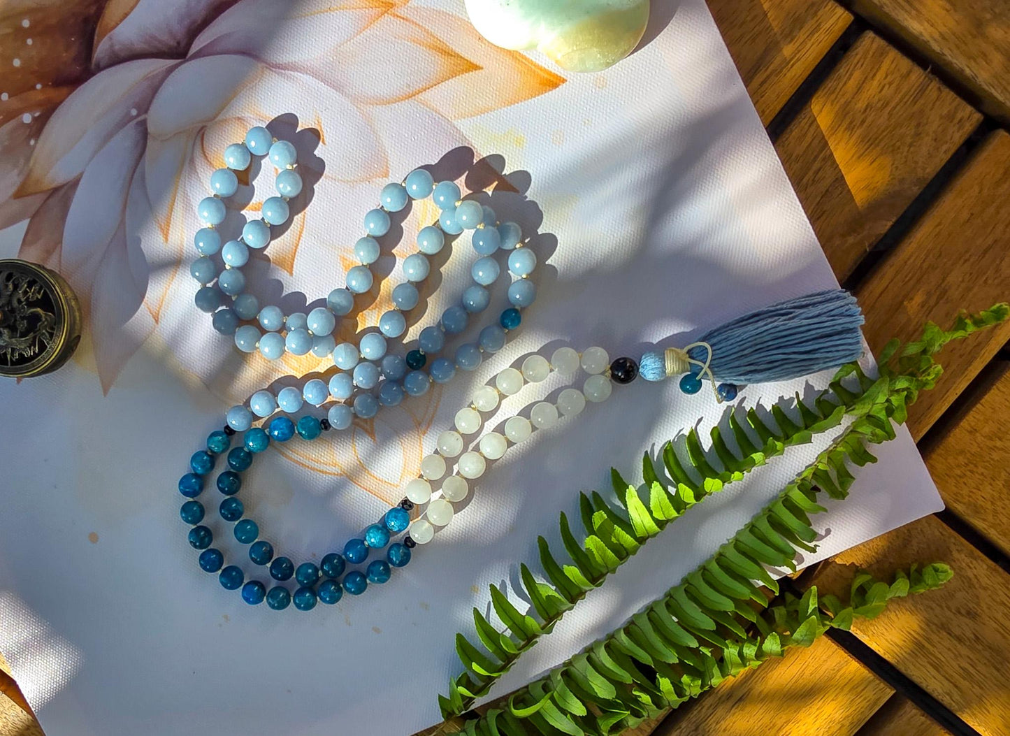 Angelite, Apatite & White Jade Japa Mala 108 Reiki-Charged Beads | Handmade Meditation Necklace for Healing