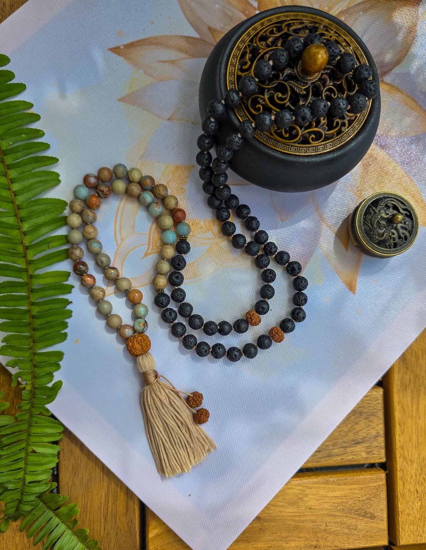 Lava Rock & Serpentine Mala Beads 108 Hand-Knotted Reiki-Infused Meditation Necklace with Bamboo Tassel