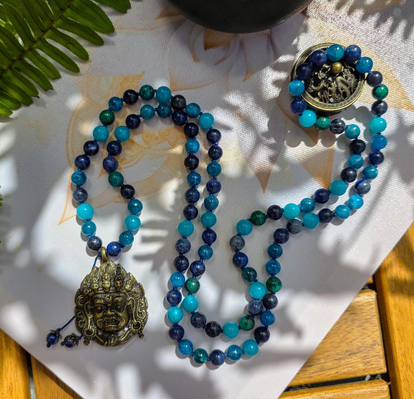 Protection Mala 108 Apatite, Azurite, Sodalite, Amazonite & Lapis Lazuli Beads with Brass Pendant | Reiki-Infused Meditation Necklace