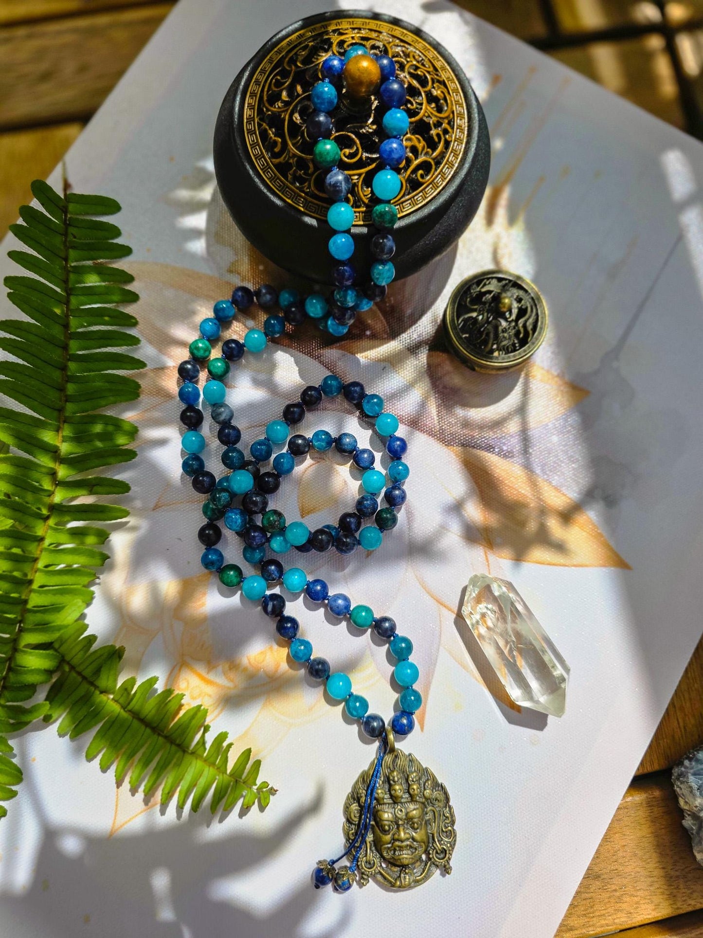 Protection Mala 108 Apatite, Azurite, Sodalite, Amazonite & Lapis Lazuli Beads with Brass Pendant | Reiki-Infused Meditation Necklace