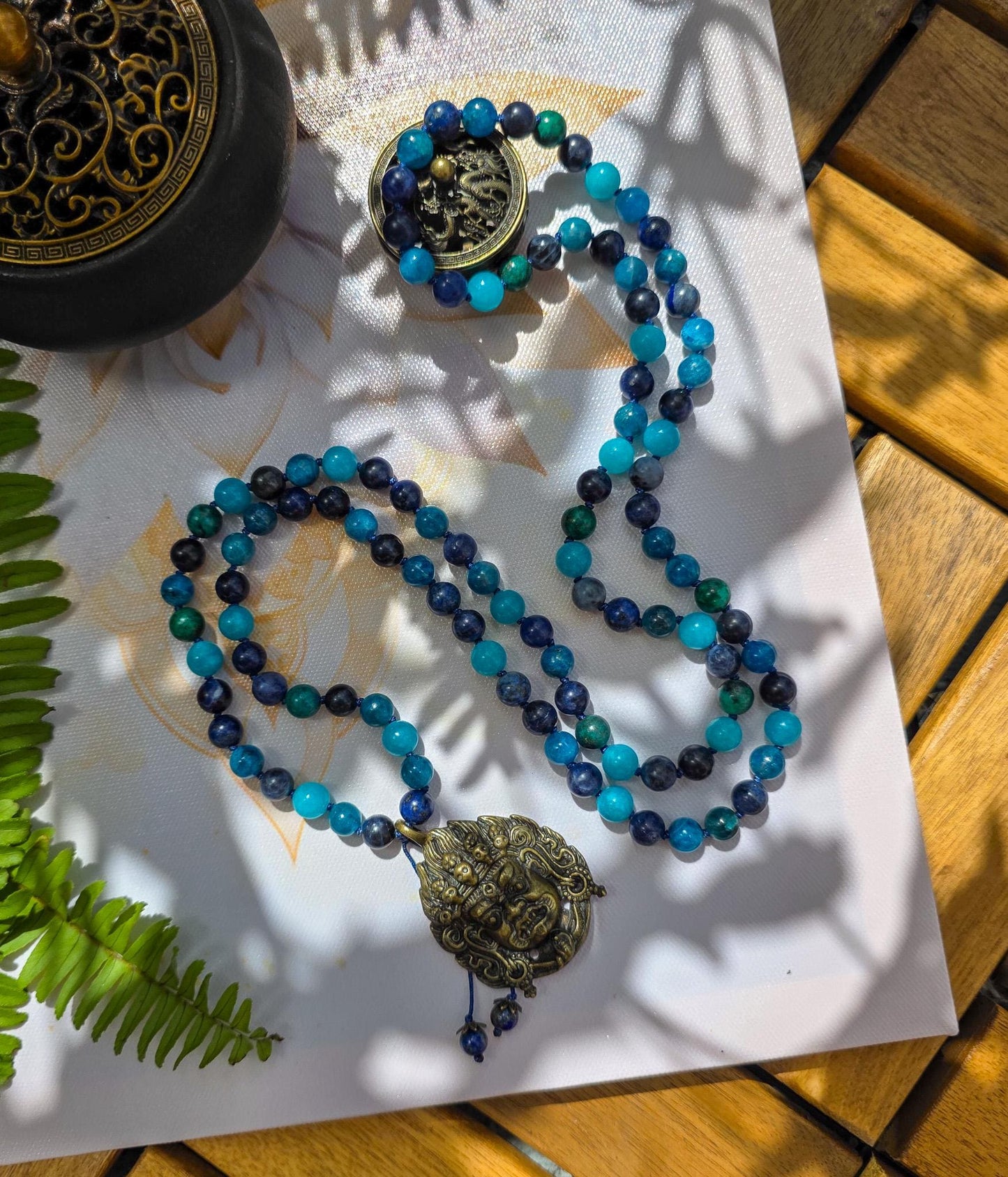 Protection Mala 108 Apatite, Azurite, Sodalite, Amazonite & Lapis Lazuli Beads with Brass Pendant | Reiki-Infused Meditation Necklace