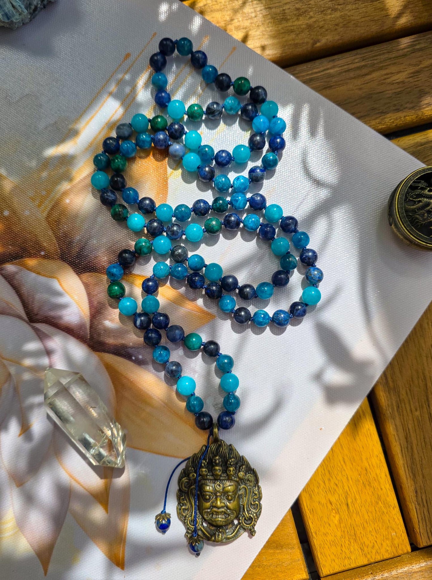 Protection Mala 108 Apatite, Azurite, Sodalite, Amazonite & Lapis Lazuli Beads with Brass Pendant | Reiki-Infused Meditation Necklace