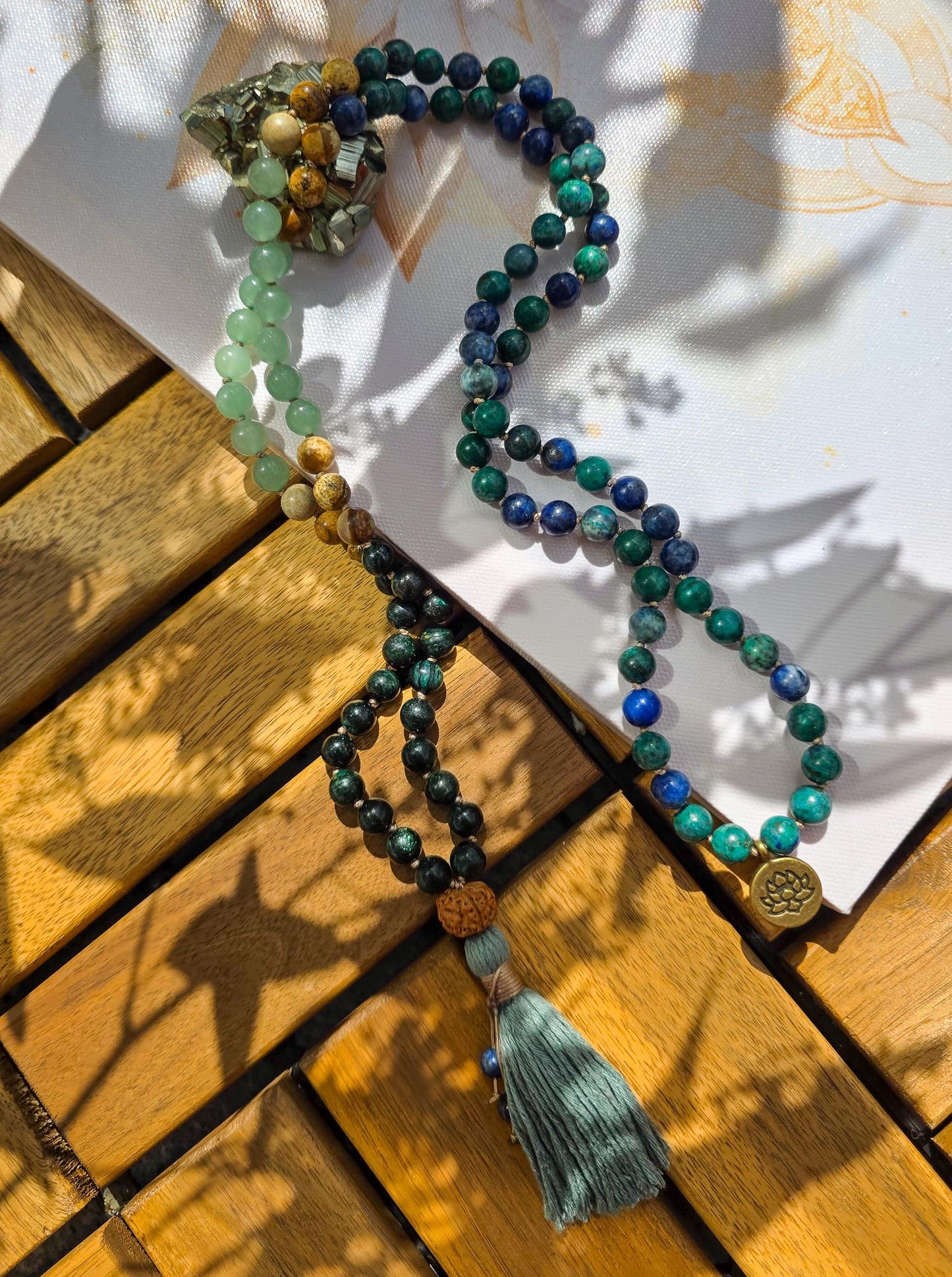 Emerald, Green Aventurine, Picture Jasper & Azurite Mala 108 Reiki-Infused Beads with Rudraksha Guru and Bamboo Tassel