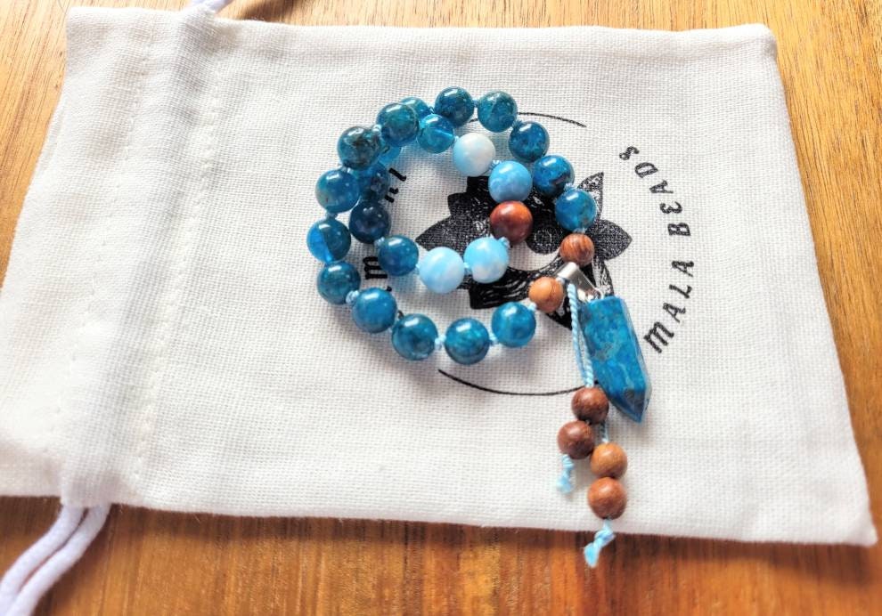 Sandalwood, Larimar, Apatite Pocket Mala, Mini Travel Mala, 27 Beads Mala,