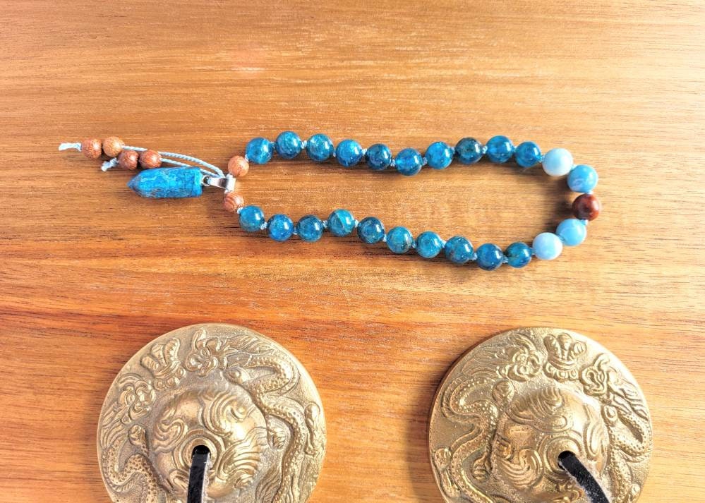 Sandalwood, Larimar, Apatite Pocket Mala, Mini Travel Mala, 27 Beads Mala,