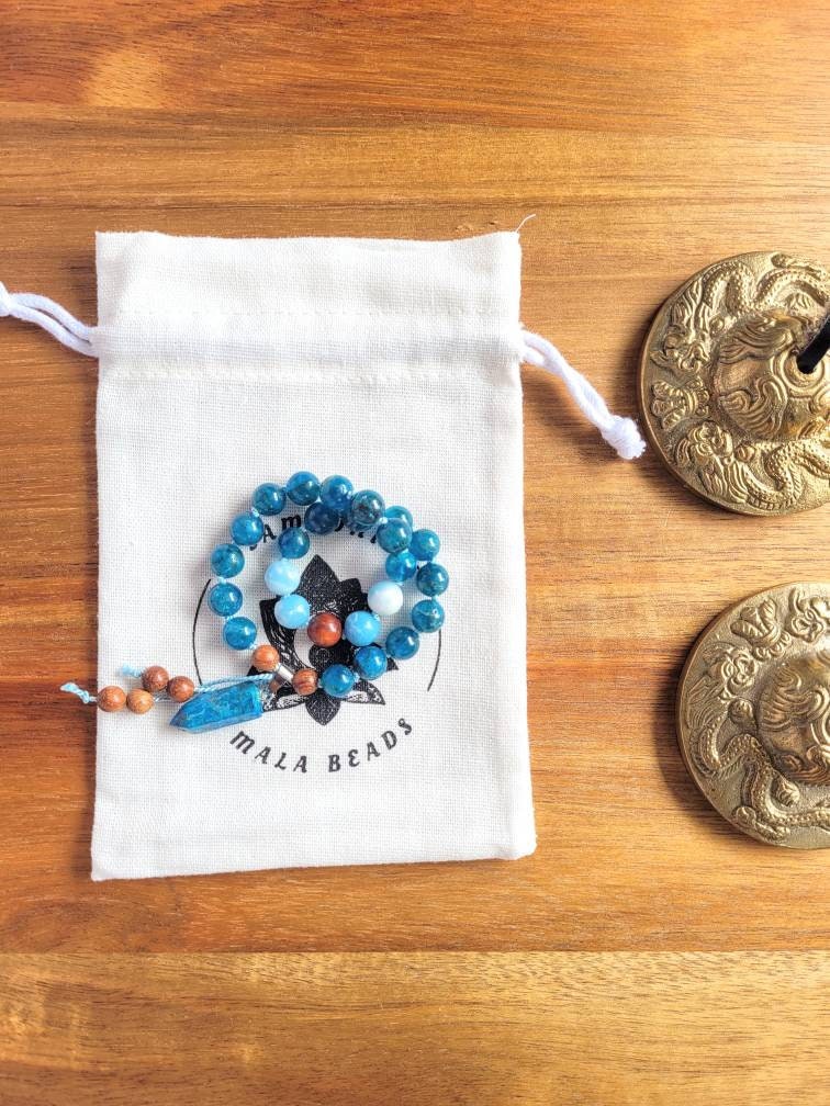 Sandalwood, Larimar, Apatite Pocket Mala, Mini Travel Mala, 27 Beads Mala,
