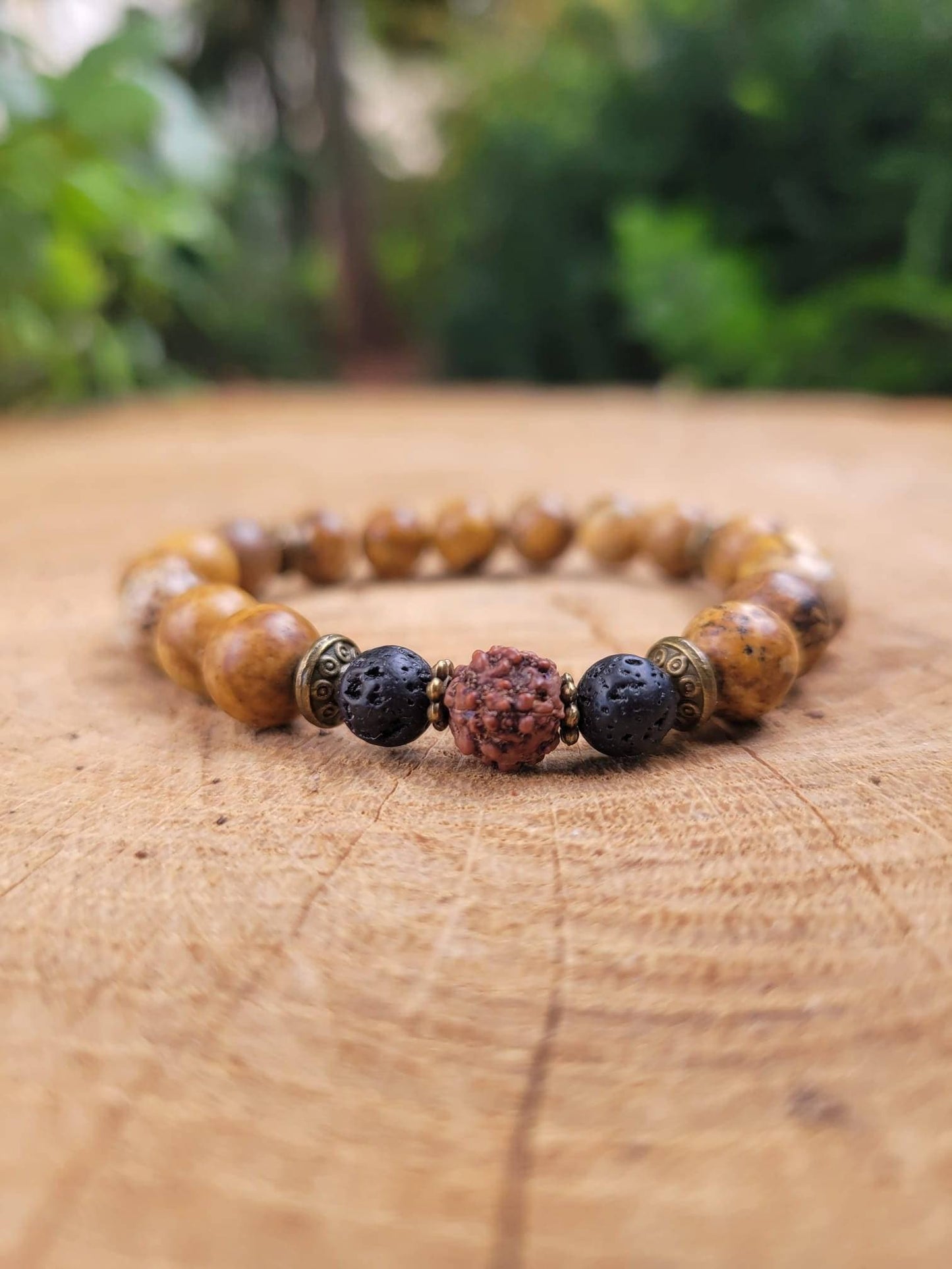 Grounding Mala Bracelet, Lava Rock Jasper Rudraksha Beads, Mindful Gift