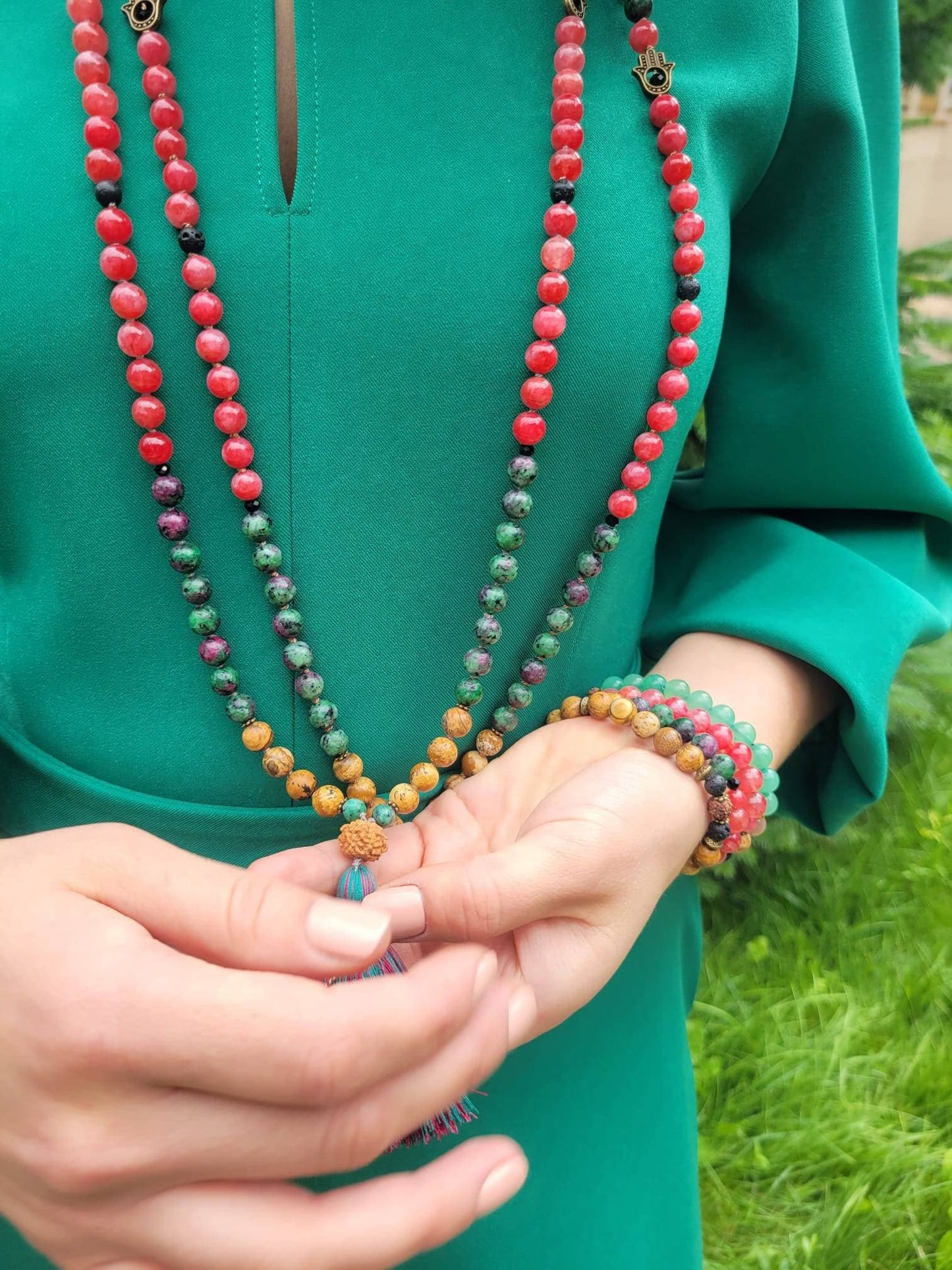 Grounding Mala Bracelet, Lava Rock Jasper Rudraksha Beads, Mindful Gift