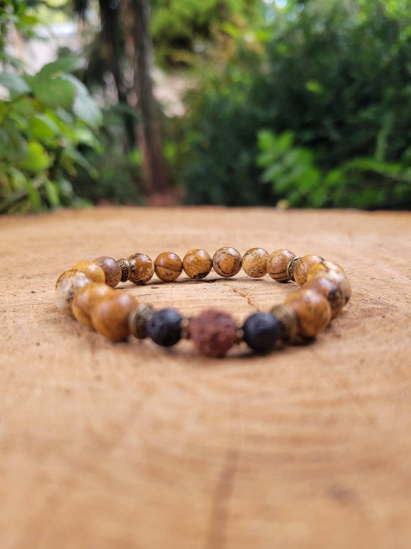 Grounding Mala Bracelet, Lava Rock Jasper Rudraksha Beads, Mindful Gift