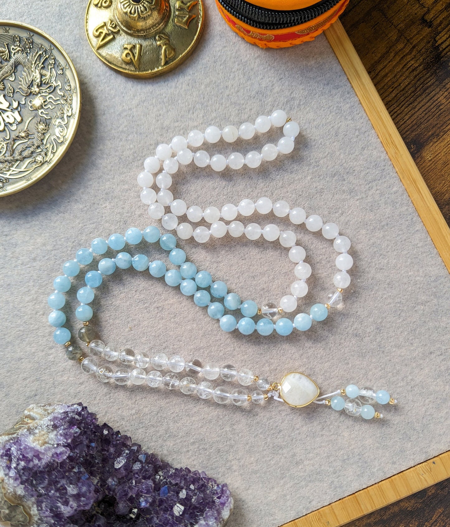 AQUAMARINE MALA, 108 Buddhist Prayer Beads, Meditation Necklace, Self-Care Gift
