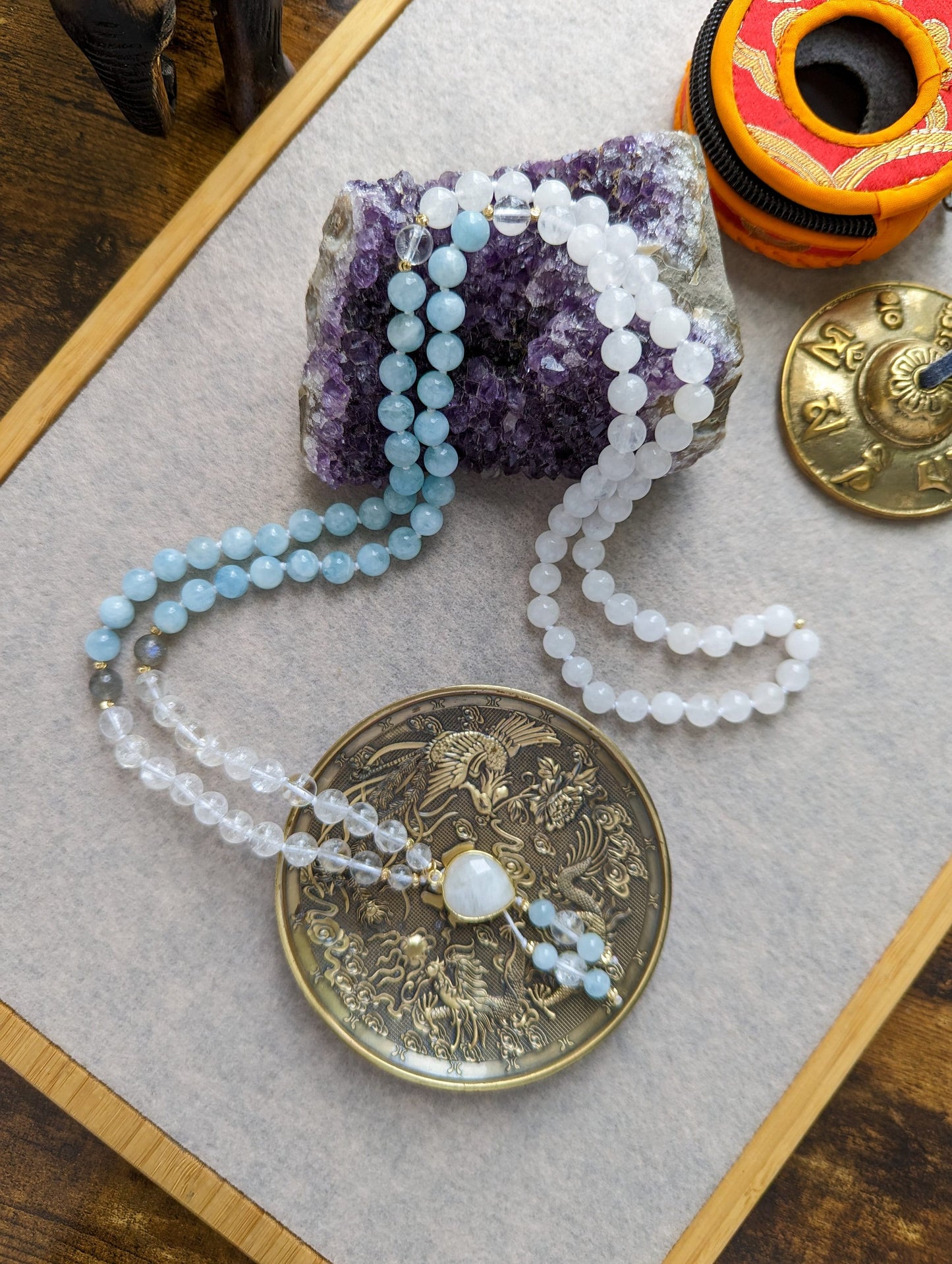 AQUAMARINE MALA, 108 Buddhist Prayer Beads, Meditation Necklace, Self-Care Gift