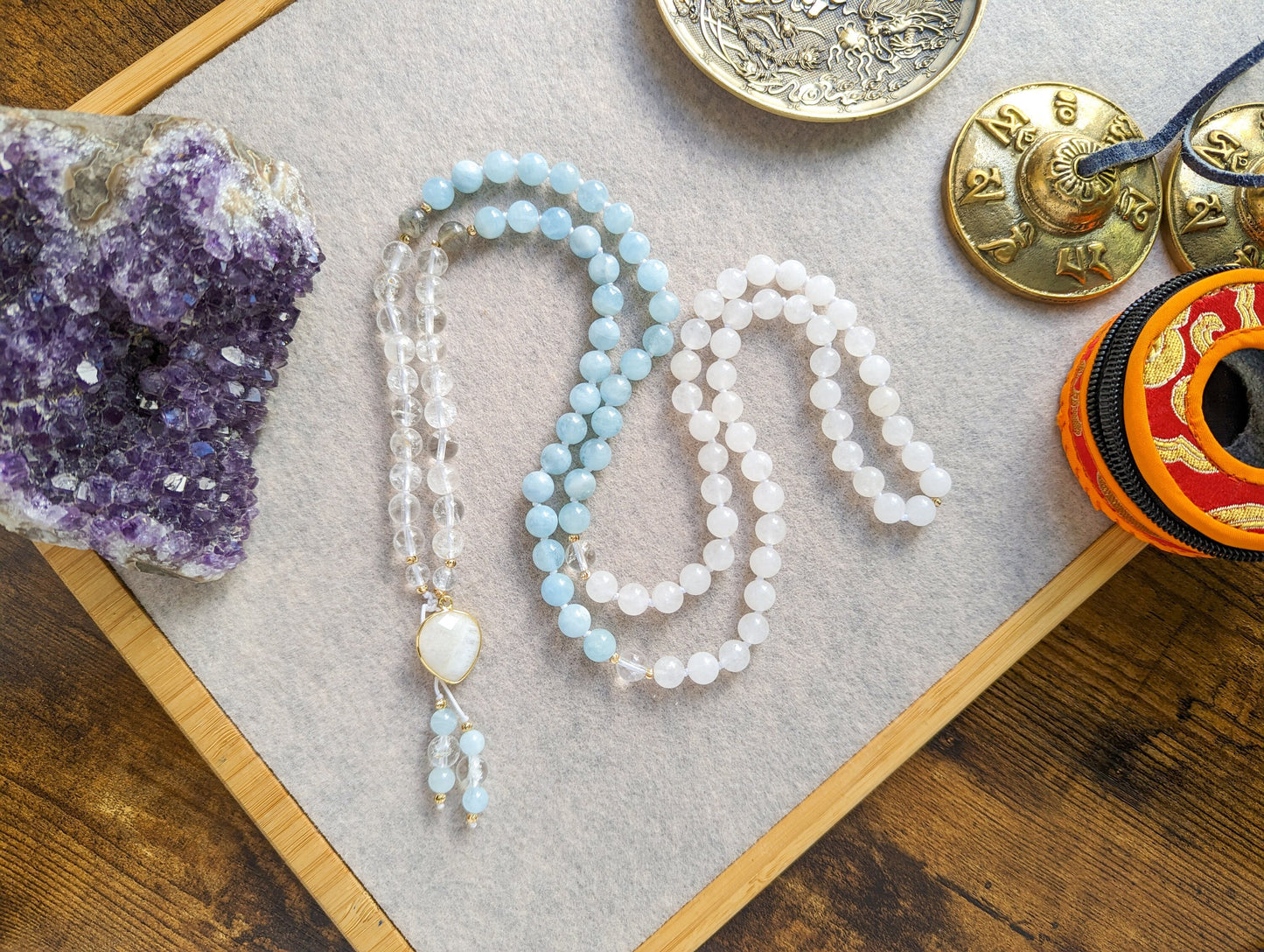 AQUAMARINE MALA, 108 Buddhist Prayer Beads, Meditation Necklace, Self-Care Gift