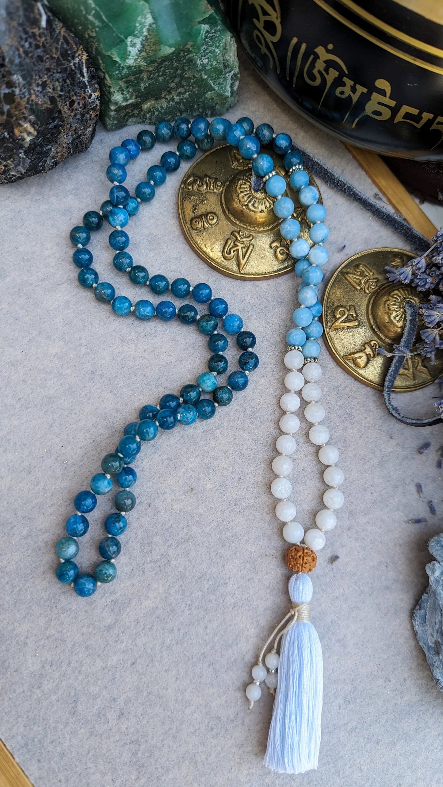 APATITE LARIMAR and MOONSTONE Mala, 108 Japa Mala, Meditation Beads, Buddhist Prayer Beads, Yoga Mala Necklace, Throat Chakra Necklace