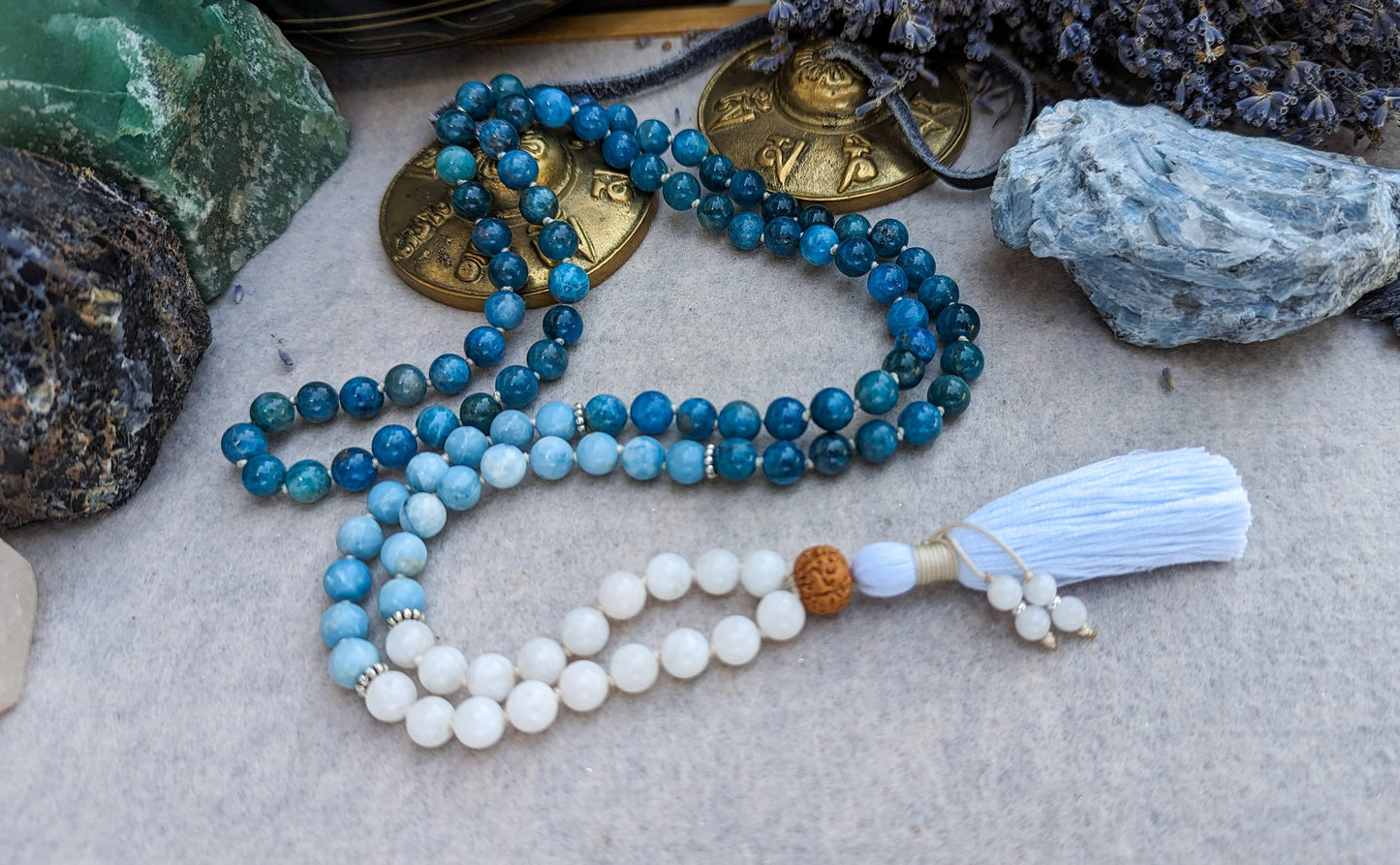 APATITE LARIMAR and MOONSTONE Mala, 108 Japa Mala, Meditation Beads, Buddhist Prayer Beads, Yoga Mala Necklace, Throat Chakra Necklace