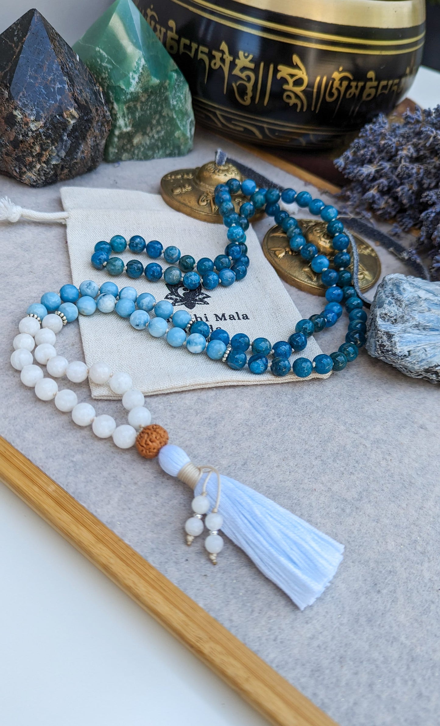 APATITE LARIMAR and MOONSTONE Mala, 108 Japa Mala, Meditation Beads, Buddhist Prayer Beads, Yoga Mala Necklace, Throat Chakra Necklace