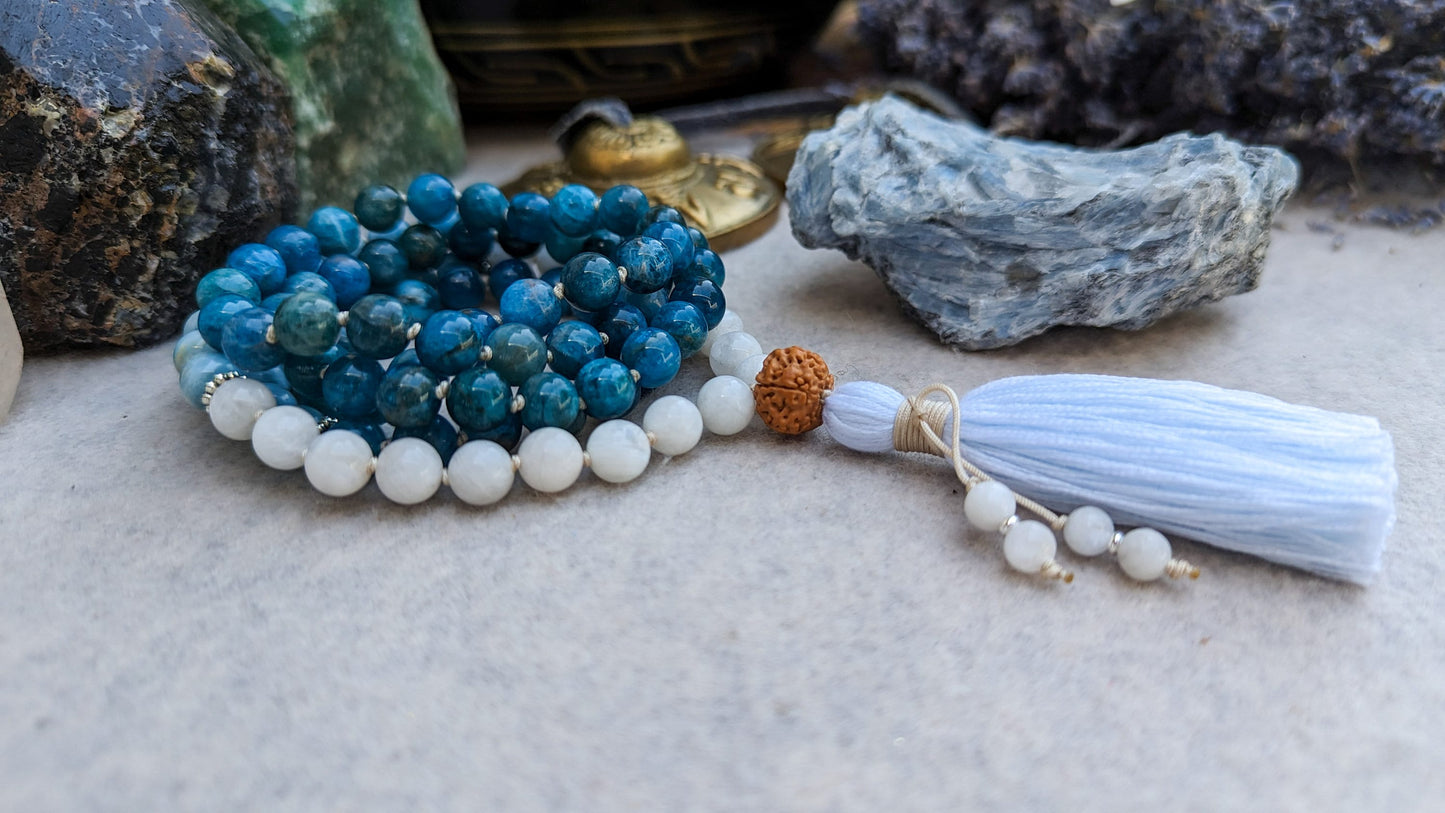 APATITE LARIMAR and MOONSTONE Mala, 108 Japa Mala, Meditation Beads, Buddhist Prayer Beads, Yoga Mala Necklace, Throat Chakra Necklace
