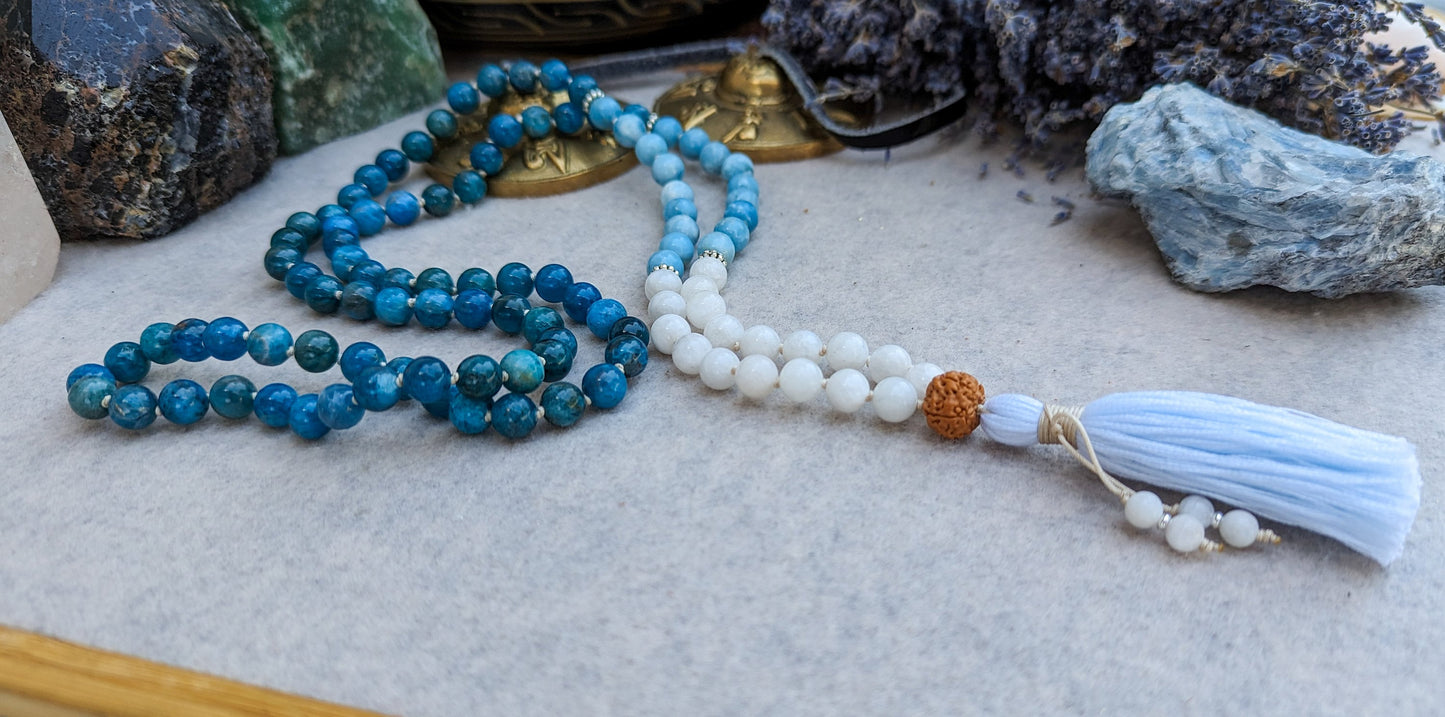APATITE LARIMAR and MOONSTONE Mala, 108 Japa Mala, Meditation Beads, Buddhist Prayer Beads, Yoga Mala Necklace, Throat Chakra Necklace