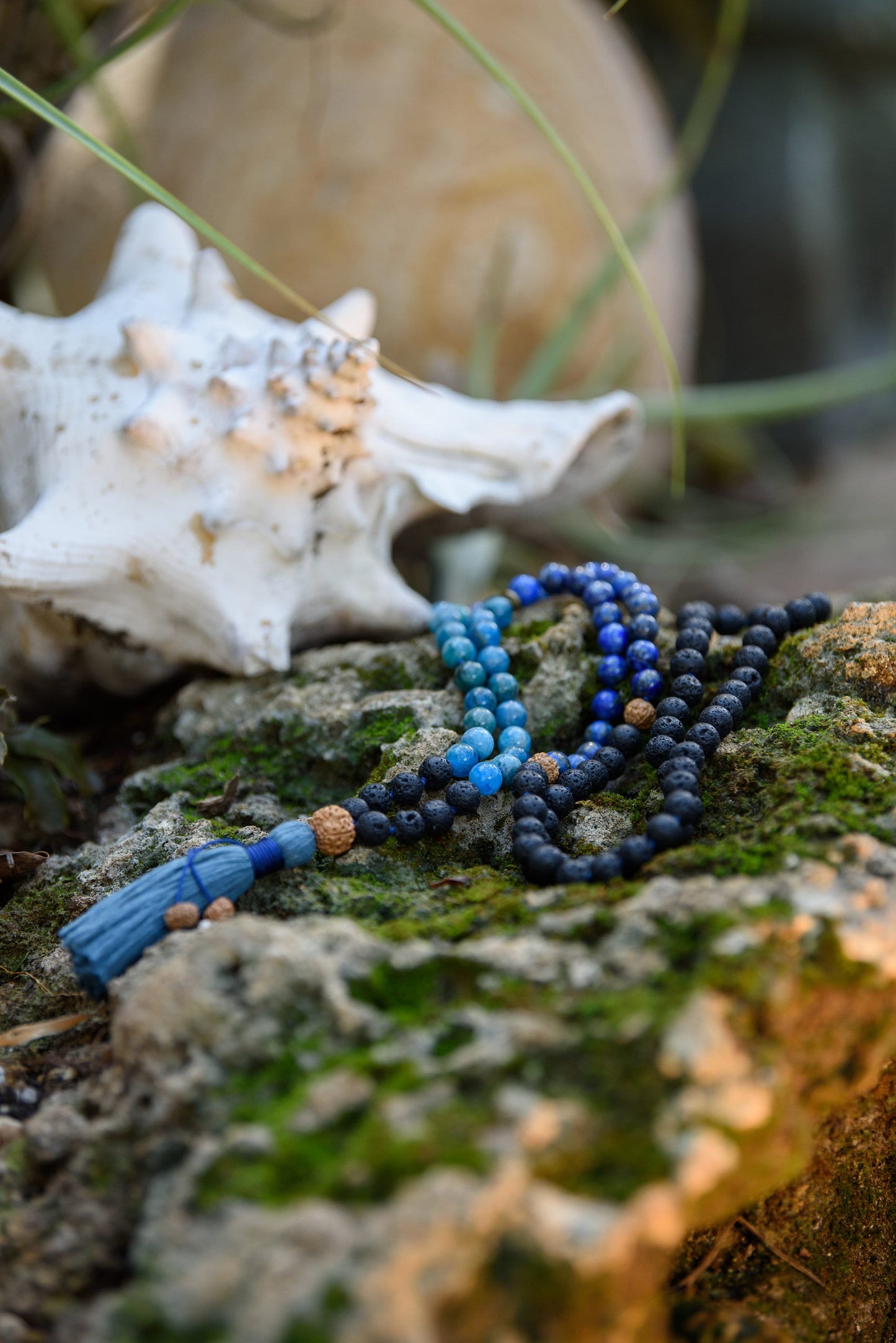 Lapis Lazuli Apatite and Lava Rock Necklace, 108 Mala Beads, Grounding Beads, Buddhist Prayer Beads, Reiki Healing Hand-Knotted Beads