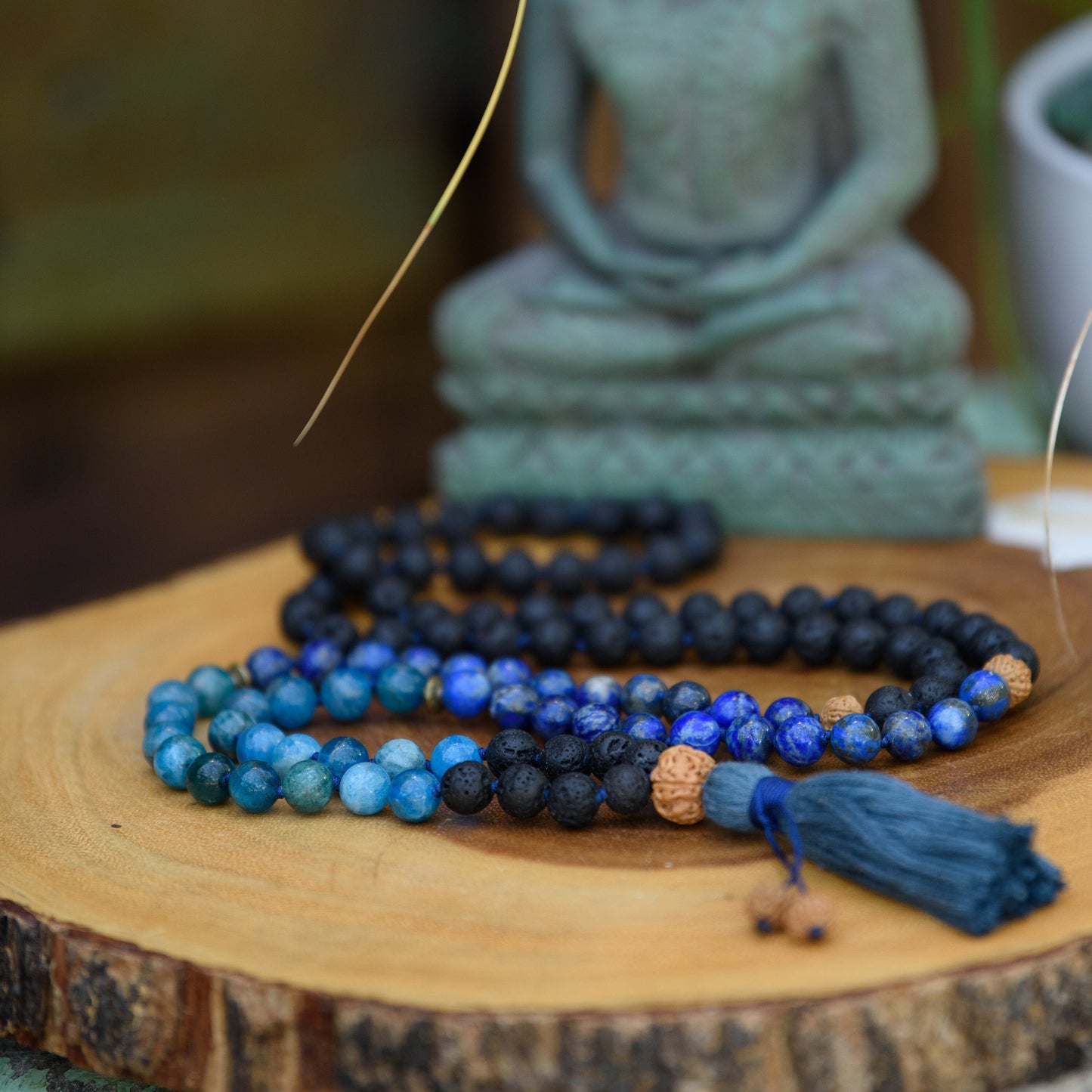 Lapis Lazuli Apatite and Lava Rock Necklace, 108 Mala Beads, Grounding Beads, Buddhist Prayer Beads, Reiki Healing Hand-Knotted Beads