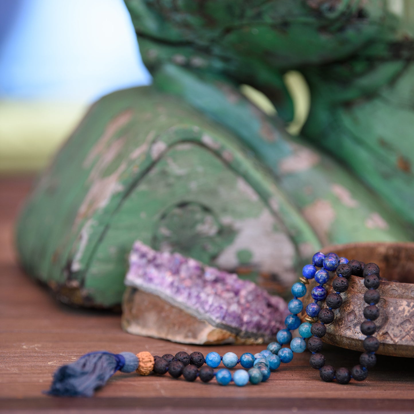 Lapis Lazuli Apatite and Lava Rock Necklace, 108 Mala Beads, Grounding Beads, Buddhist Prayer Beads, Reiki Healing Hand-Knotted Beads