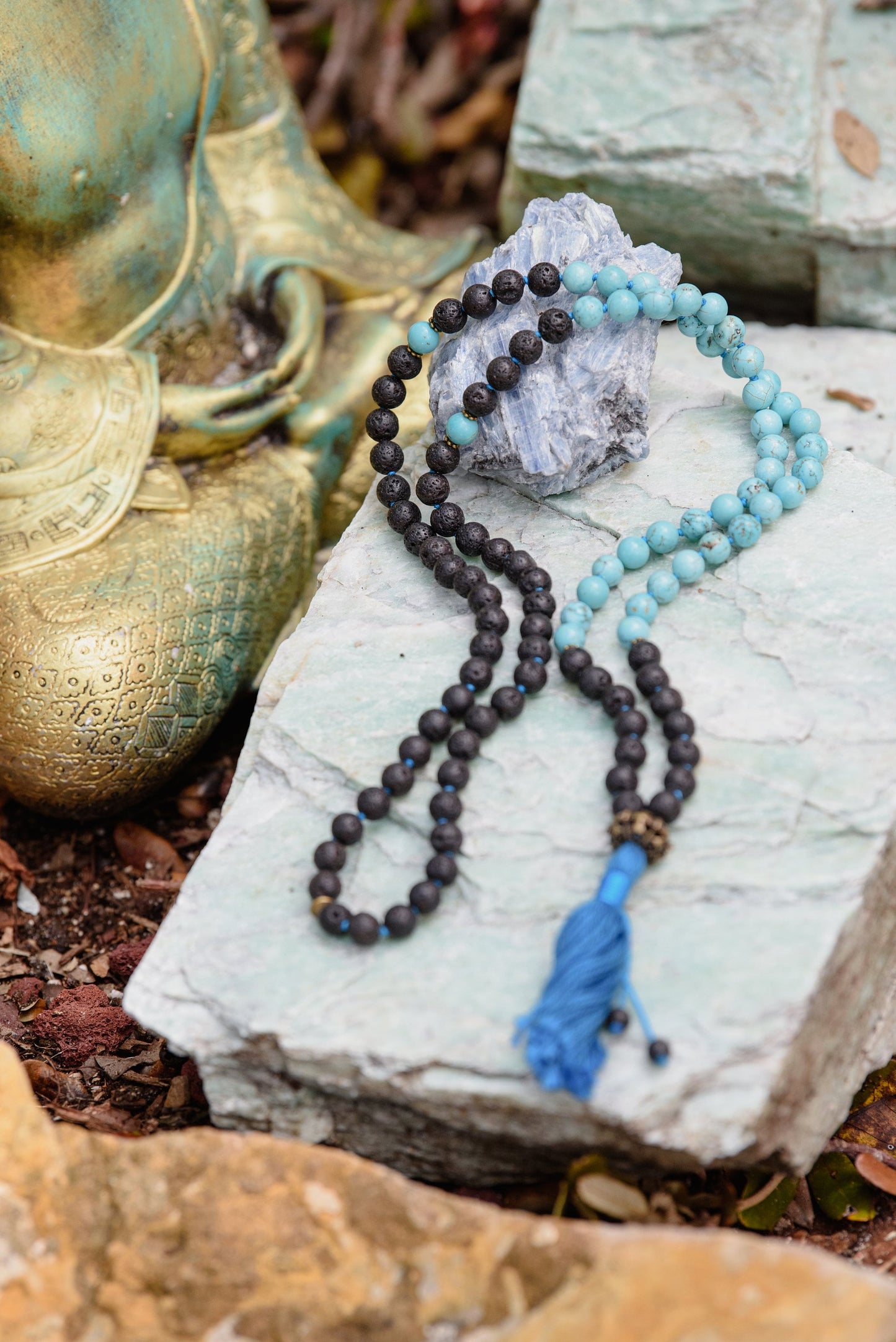 Mala Beads 108, Lava Rock & Tourquoise Mala Necklace, Throat Chakra Japa Mala, Buddhist Prayer Beads, Reiki Healing Beads