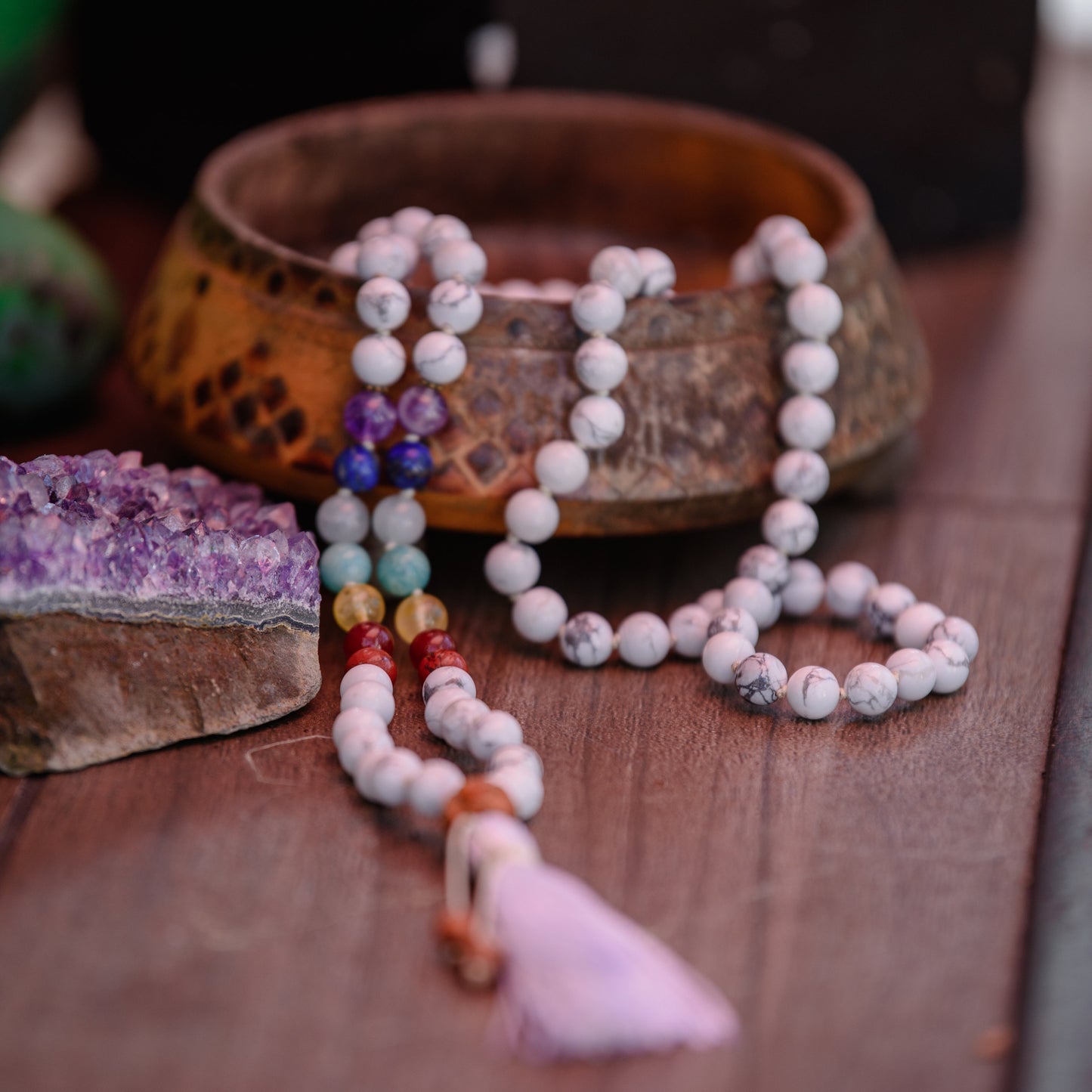 Howlite Mala Necklace, Buddhist Prayer Beads, 108 Japa Mala, Meditation Beads, Reiki Healing Beads, Chakra Mala, Mala Beads 108