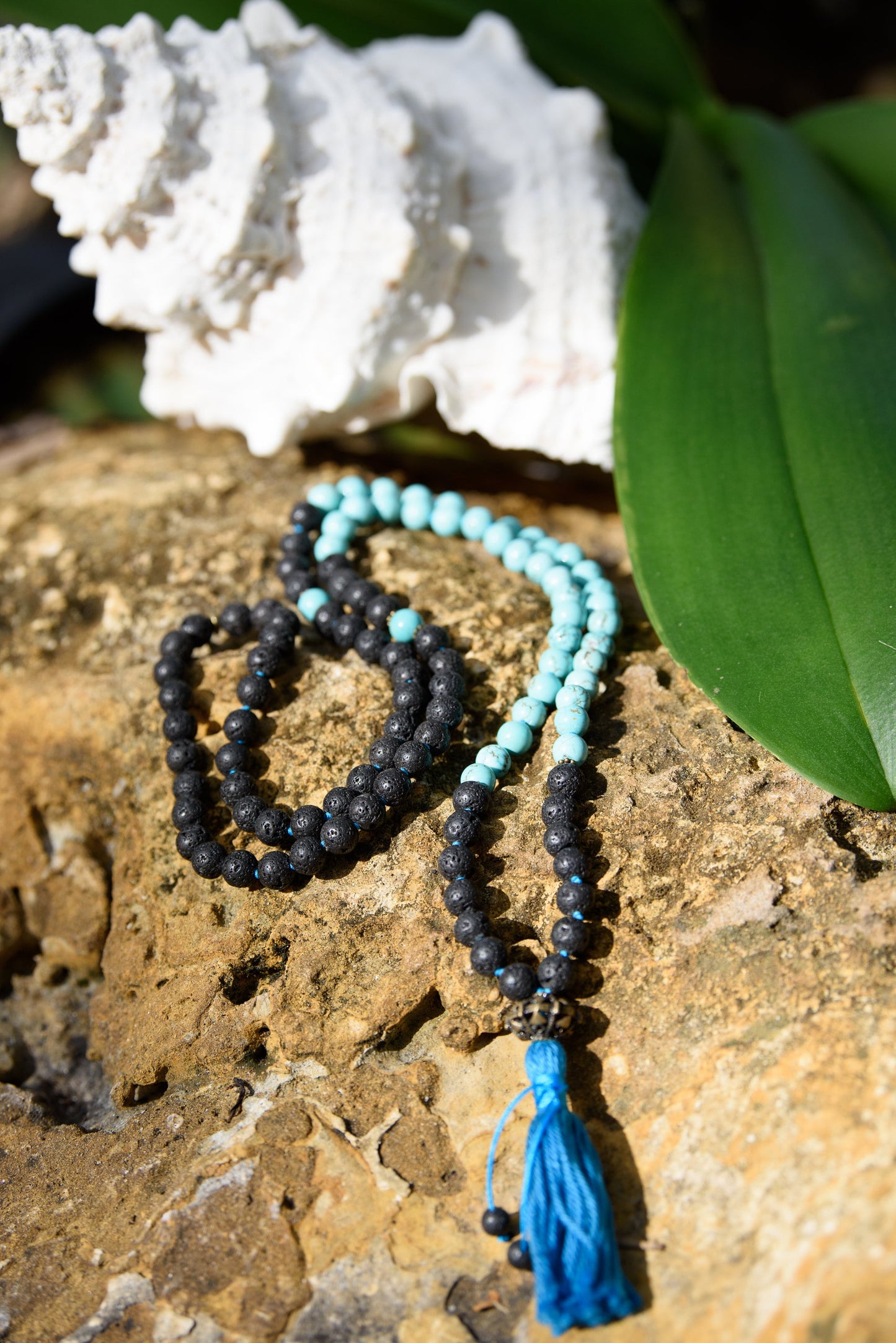 Mala Beads 108, Lava Rock & Tourquoise Mala Necklace, Throat Chakra Japa Mala, Buddhist Prayer Beads, Reiki Healing Beads