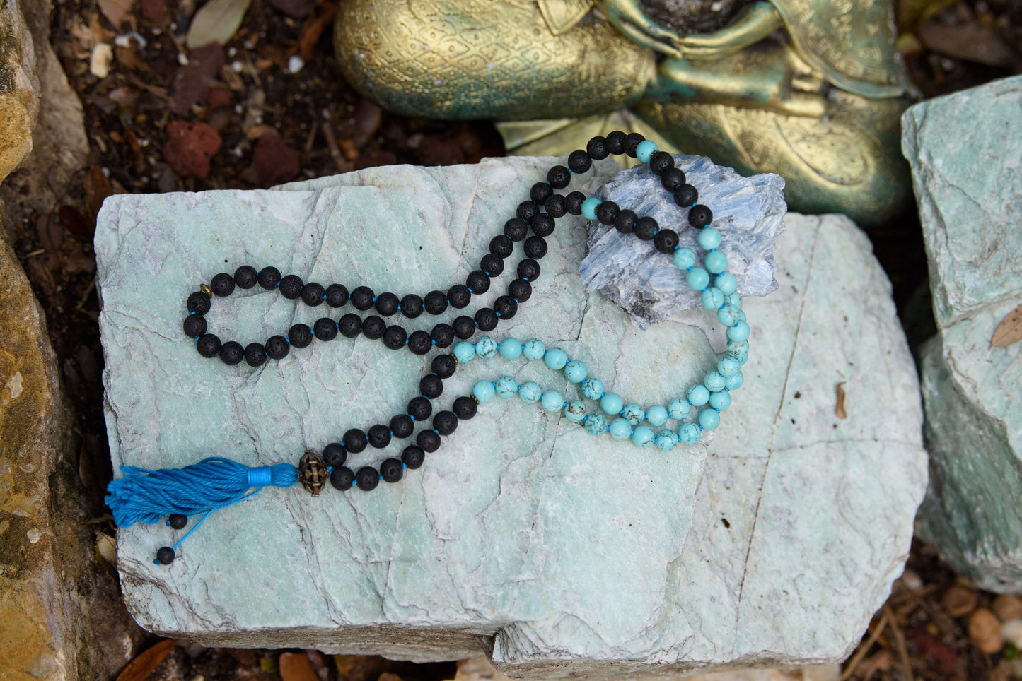 Mala Beads 108, Lava Rock & Tourquoise Mala Necklace, Throat Chakra Japa Mala, Buddhist Prayer Beads, Reiki Healing Beads