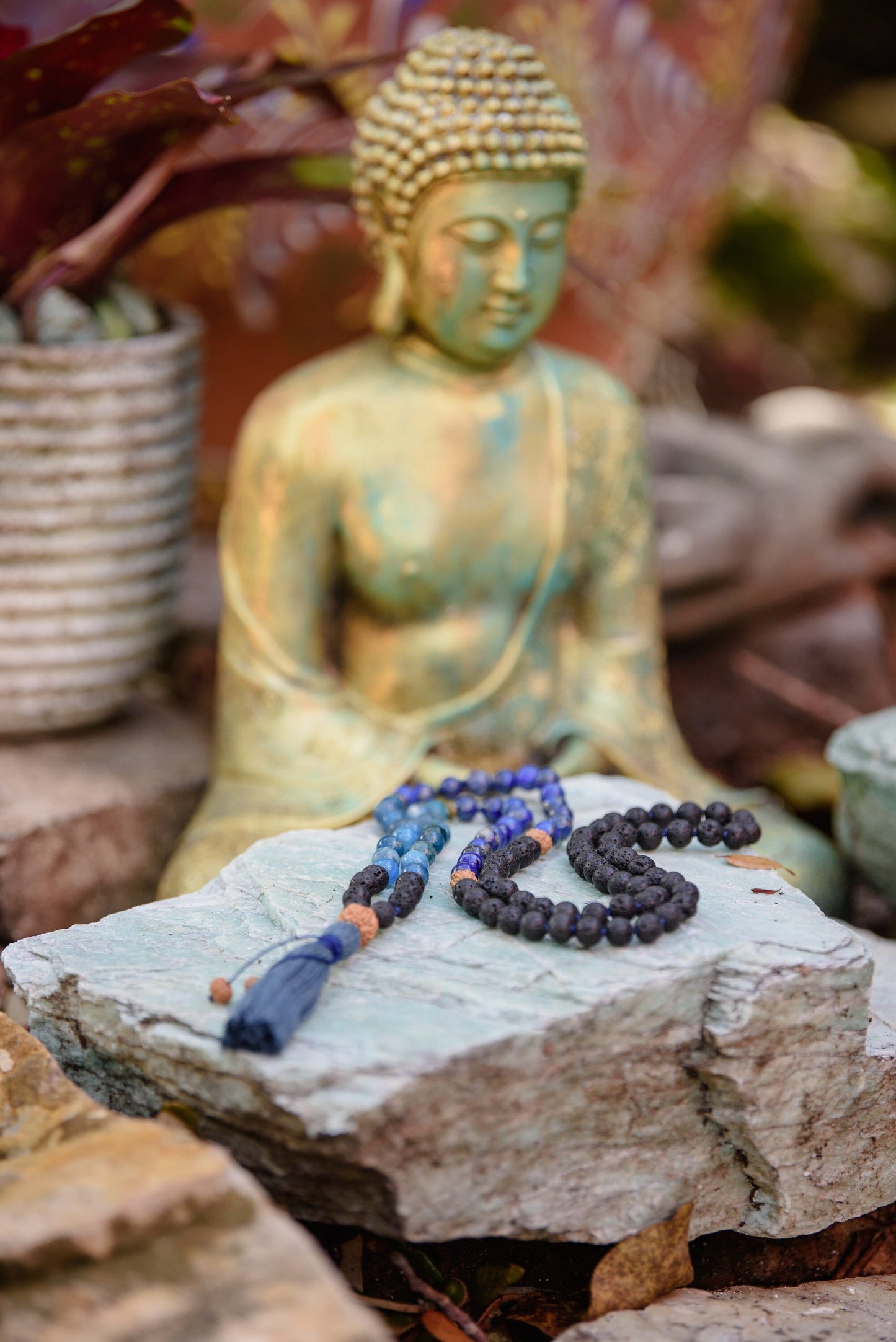 Lapis Lazuli Apatite and Lava Rock Necklace, 108 Mala Beads, Grounding Beads, Buddhist Prayer Beads, Reiki Healing Hand-Knotted Beads