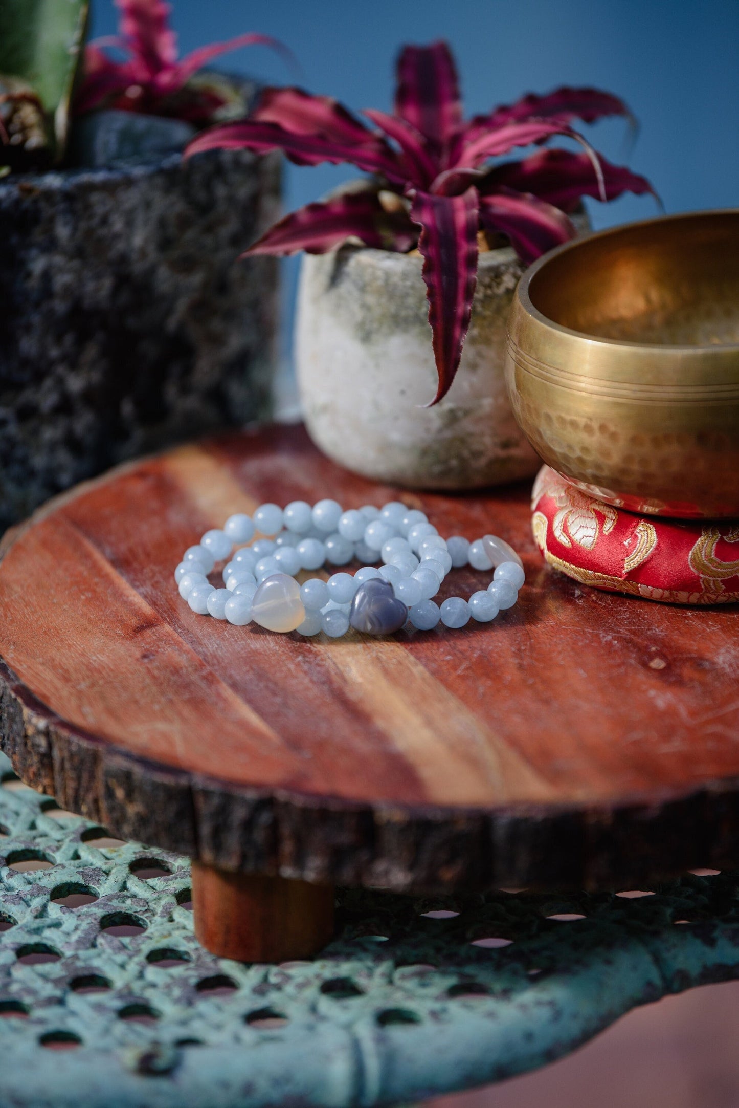 Aquamarine Stone Bracelet, Calming Healing Energy, Aquamarine Bracelet Men, March Birthstone, AAA+ Aquamarine And Gray Agate Heart