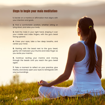 Woman meditating with text on steps to begin mala meditation