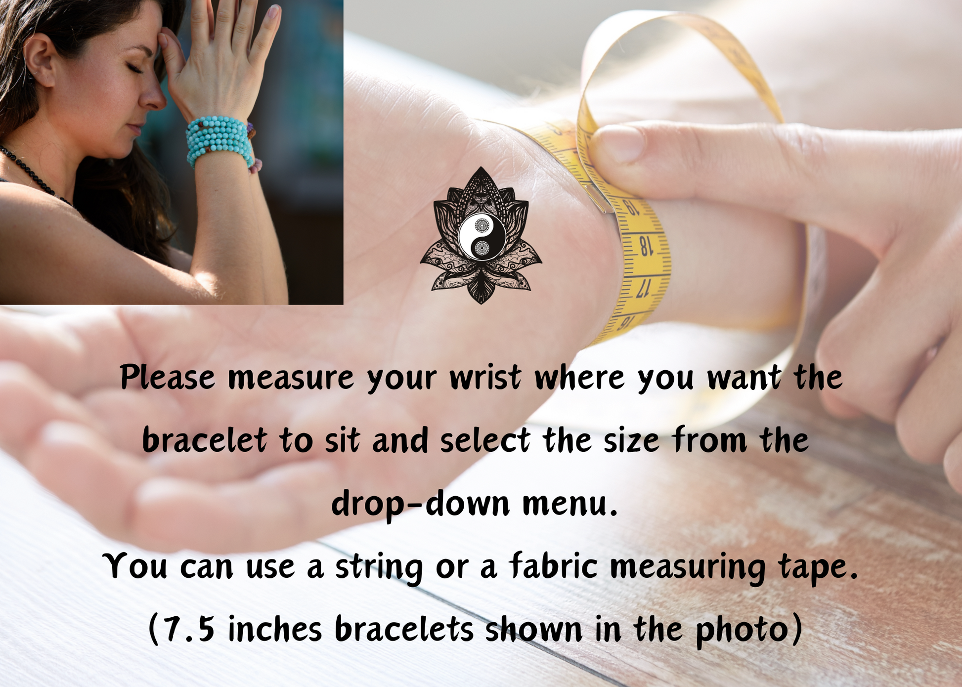 Collage of a woman measuring her wrist with text overlay for bracelet size guidance.