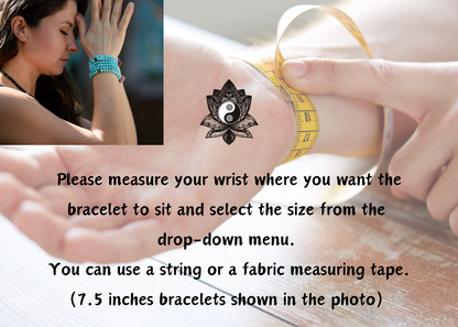 Collage of a woman measuring her wrist with text overlay for bracelet size guidance.