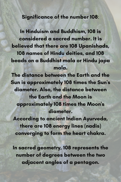 Text explaining the significance of the number 108 in Hinduism, Buddhism, and other traditions.