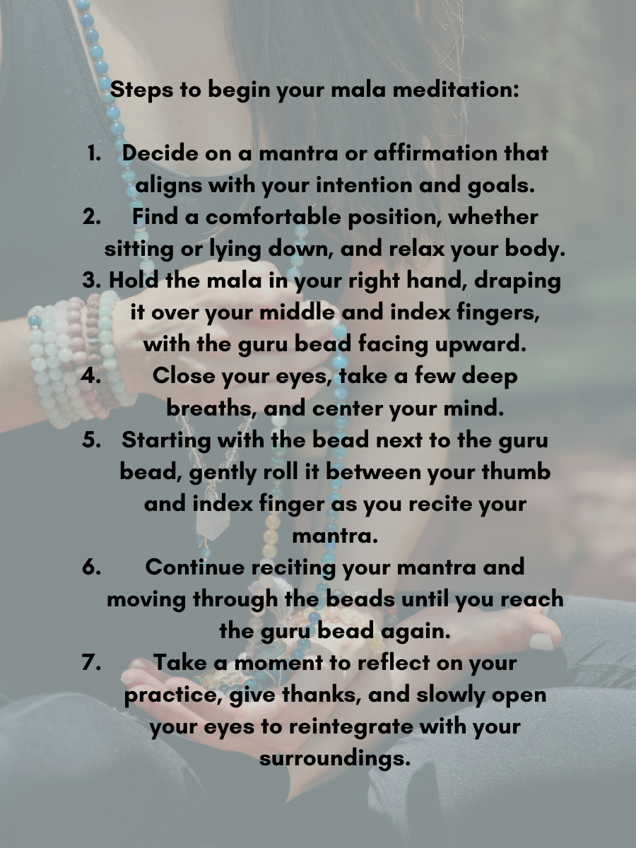 Text instructions for beginning a mala meditation with a person holding a mala in the background.