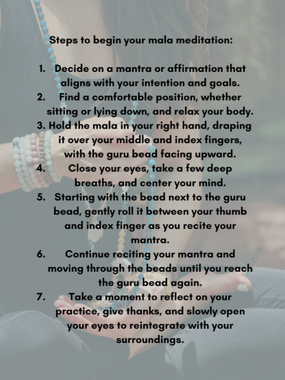 Text instructions for beginning a mala meditation with a person holding a mala in the background.