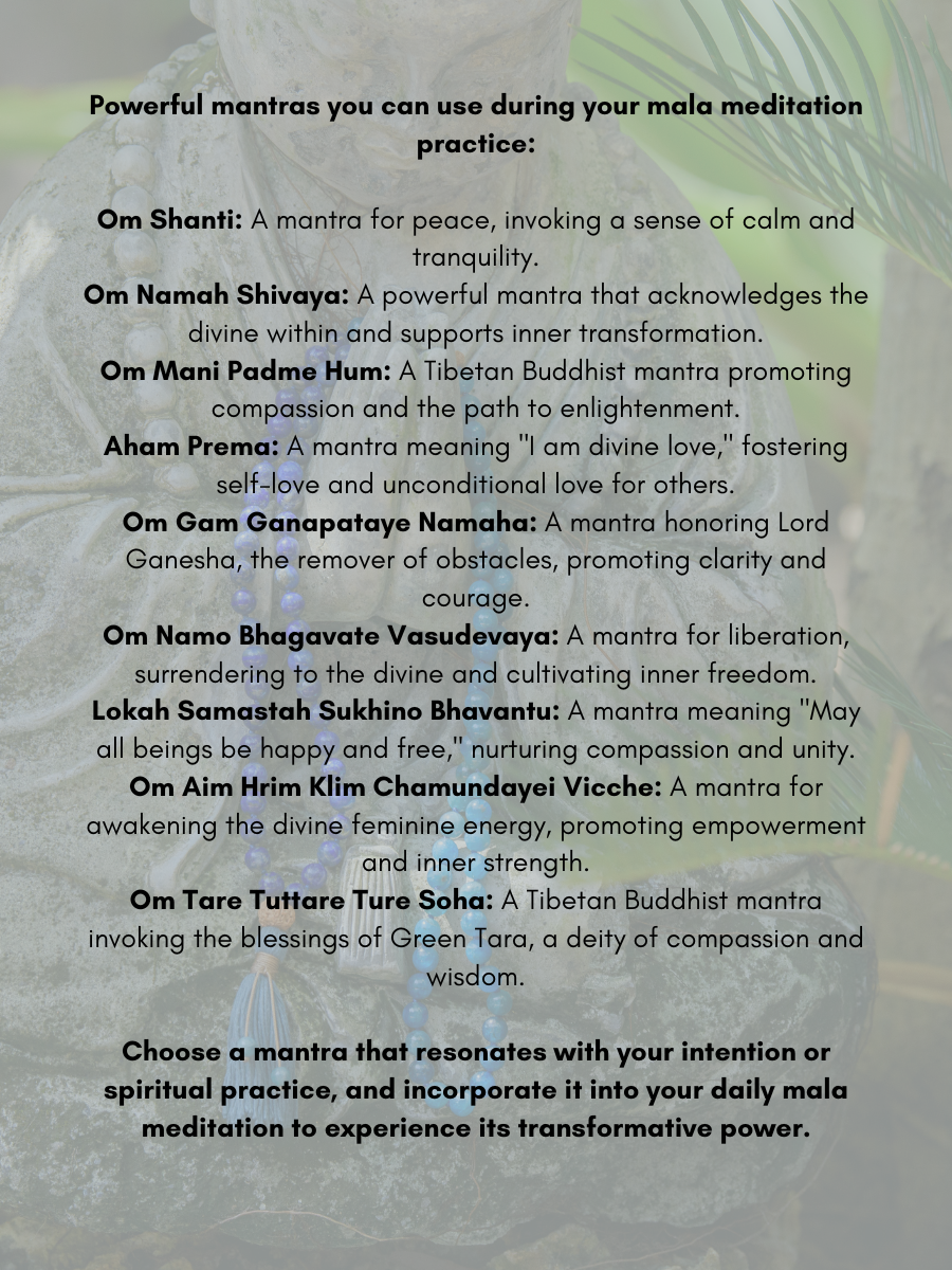 List of mantras for meditation practice with a nature-themed background