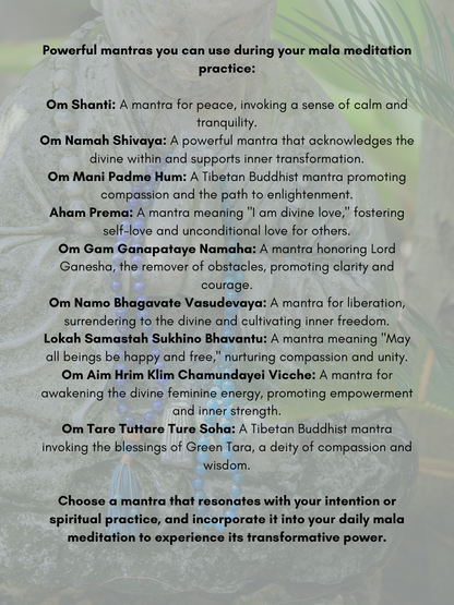 List of mantras for meditation practice with a nature-themed background