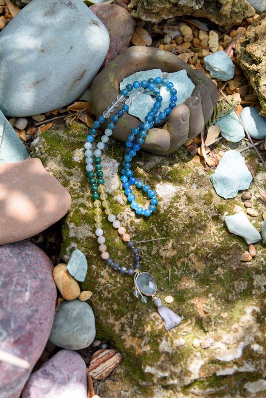 Harmonizing Chakra Mala - 7 Chakra Gemstones: Apatite, Labradorite, Peach Aventurine, Citrine, Malachite, Aquamarine & Clear Quartz