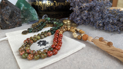 HEART and ROOT Chakras Mala, 108 Mala Beads Necklace, Buddhist Prayer Beads, Reiki Charged Yoga Beads, Healing Beads