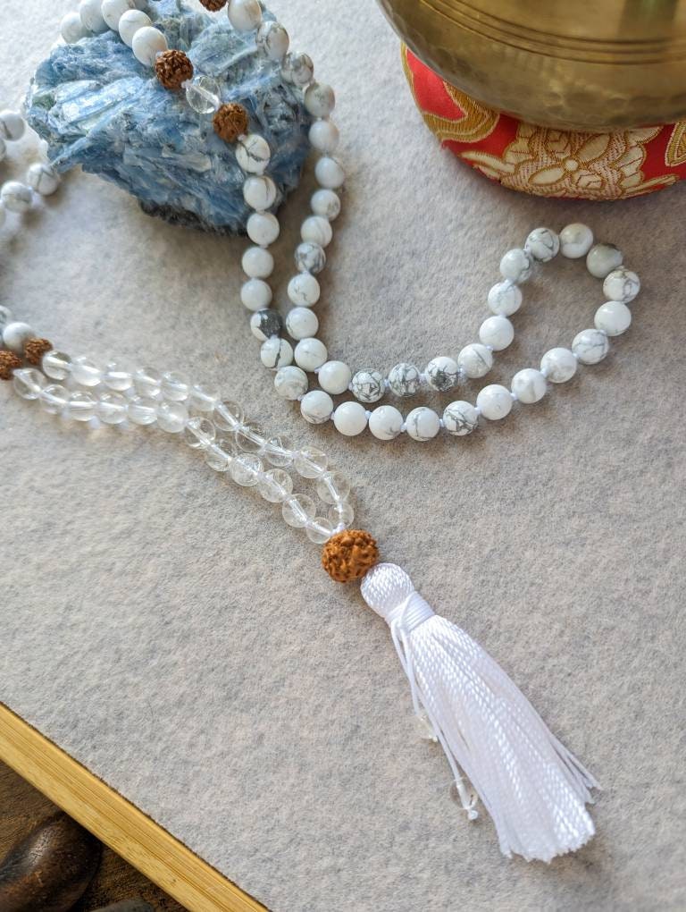 White Howlite Mala: 108 Bead Meditation Necklace, Crown Chakra