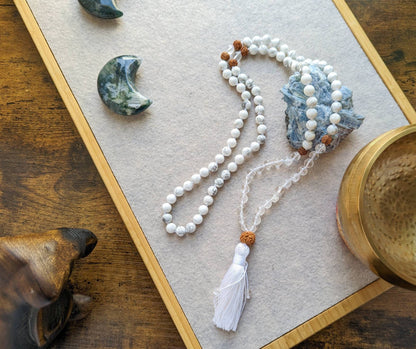 White Howlite Mala: 108 Bead Meditation Necklace, Crown Chakra