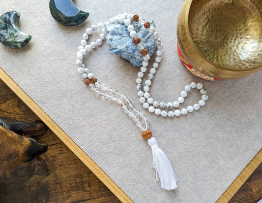 White Howlite Mala: 108 Bead Meditation Necklace, Crown Chakra
