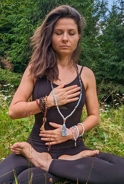 Intuitive Healing Mala Beads  Aquamarine, Moonstone & Labradorite  108 Knotted Meditation Necklace  Calming Spiritual Jewelry Gift